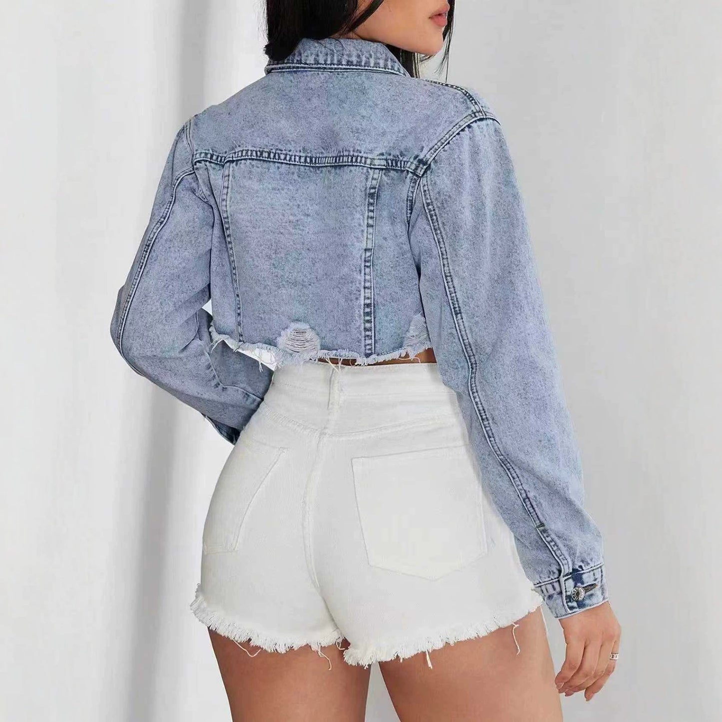 Cross-border, denim elastic cropped top, classic style light blue denim denim cotton pants pattern regular