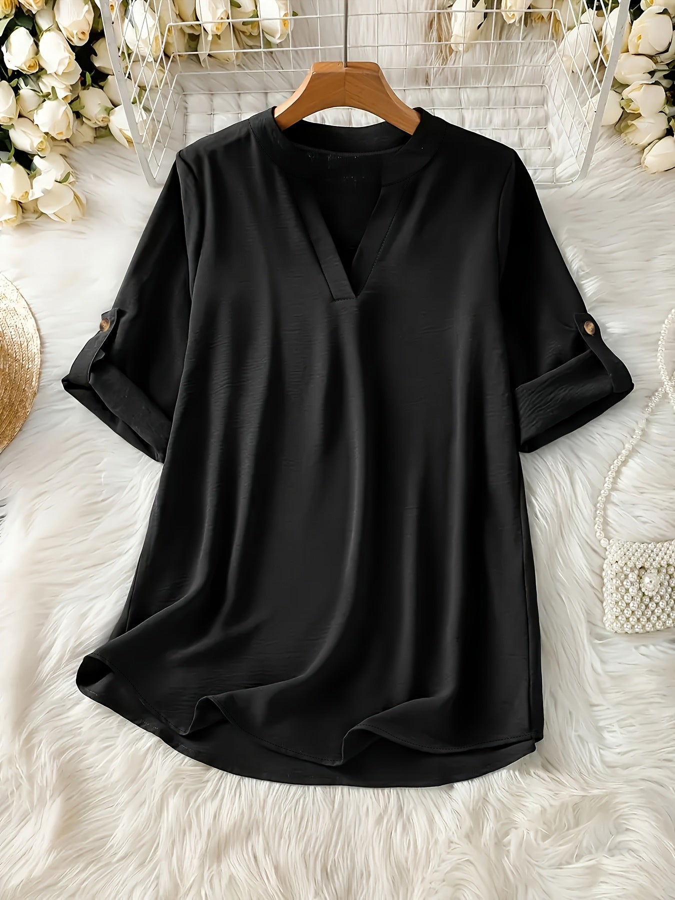 Cross-border European and American women's V-neck loose casual spring/autumn long-sleeve solid-color shirt, drop shoulder sleeves are fashionable and retro minimalist