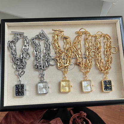 NAIDU square hanging charm INS style fashionable light luxury vintage skeleton chain watch women's gold wristwatch live stream bestseller