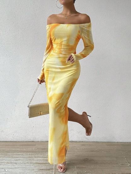 Spot cross-border 2024 European and American Amazon mesh print ruffle sexy skinny slit square neck line dress