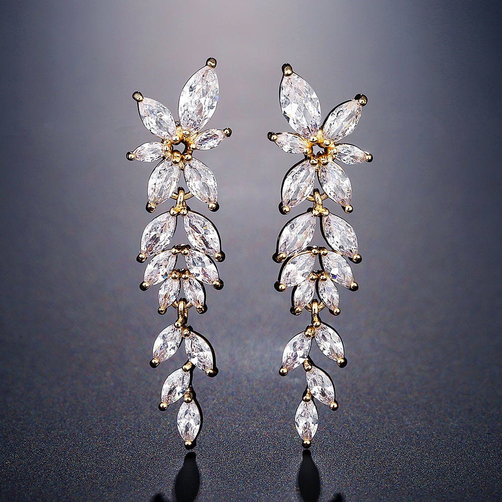 RAKOL European and American fashion trend full-set maressee zircon petal earrings with a super fairy-like elegance long tassel studs