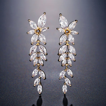 RAKOL European and American fashion trend full-set maressee zircon petal earrings with a super fairy-like elegance long tassel studs
