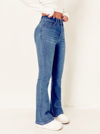European and American cross-border trend women's clothing high-waisted double-button stretch slim slimming bootcut denim trousers WOMEN JEANS
