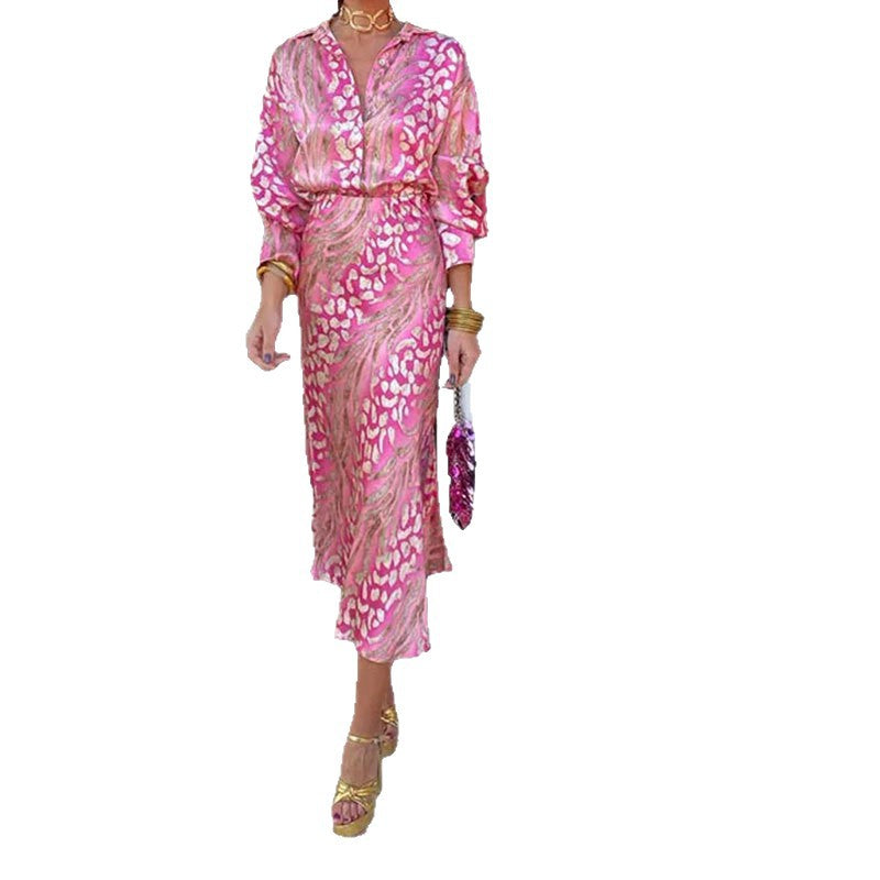 Cross-border spring 2026 new cross-border women's clothing print elegant lapel long sleeve shirt high-waisted skirt fashion suit for women