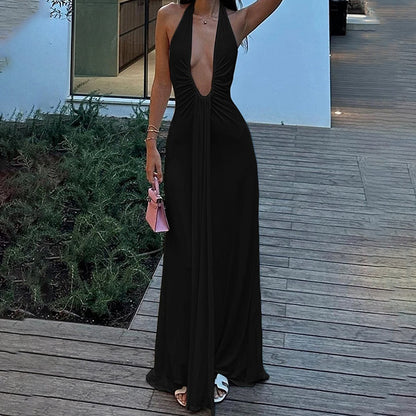 2026 Spring New Cross-border European and American Dress Women's Temperament Elegant Halterneck V-Neck Sexy Backless Dress