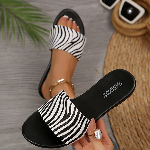 European and American cross-border women's shoes, export animal print decorative fashion slippers, elegant versatile round-toe flat sandals