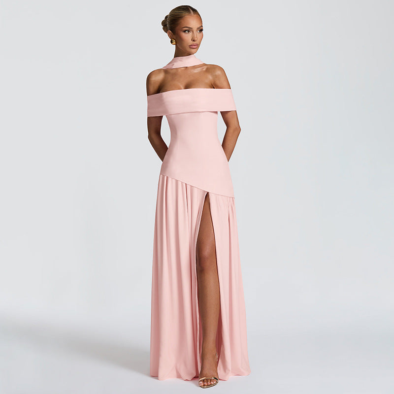 Cross-border autumn new women's sexy high slit backless dress temperament solid color one-shoulder bandeau skirt for women