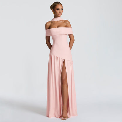 Cross-border autumn new women's sexy high slit backless dress temperament solid color one-shoulder bandeau skirt for women