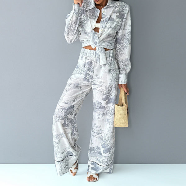 Cross-border 2026 spring European and American style women's clothing ins commuter temperament shirt wide-leg pants casual two-piece set