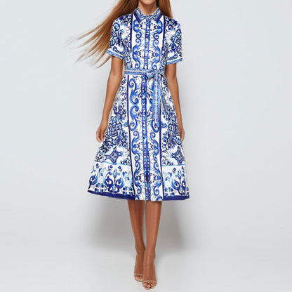 Vestido de manga comprida para mulher com lapela, estampado nacional e atilhos nas mangas curtas, da coleção primavera 2026 da Amazon para o comércio externo europeu e americano.