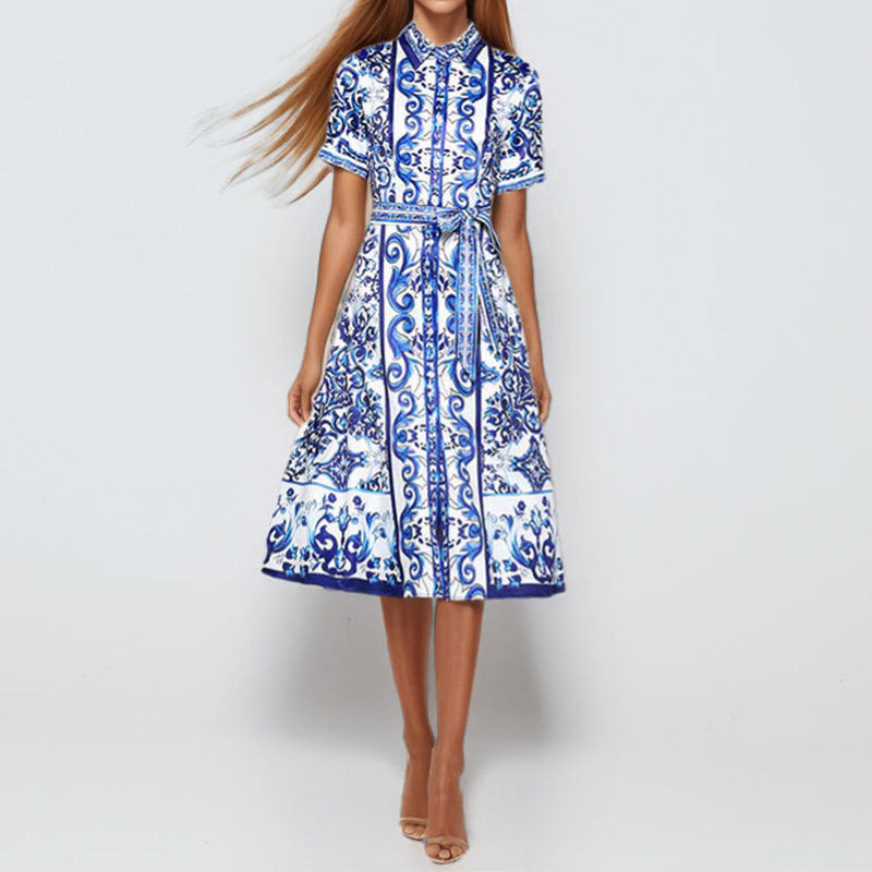 2026 Amazon European and American foreign trade women's spring new lapel long-sleeved national style print lace-up short-sleeved dress