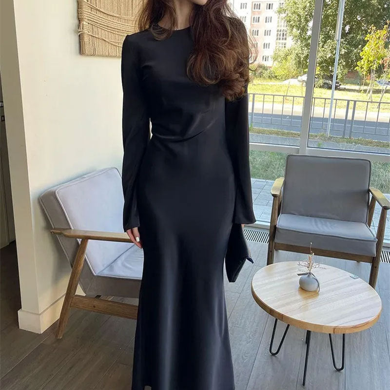 Amazon European and American foreign trade women's new French elegant solid color crew neck waist long sleeve temperament dress 661