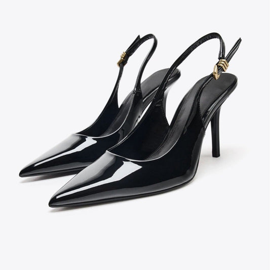 ZA2025 outono Nova fivela de metal preto pontiagudo saltos stiletto versáteis simples pontiagudo sandálias