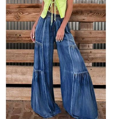 Retro-style layered spliced denim wide-leg pants women's high-waisted, elasticated waist, large flared drape, floor-length casual trousers