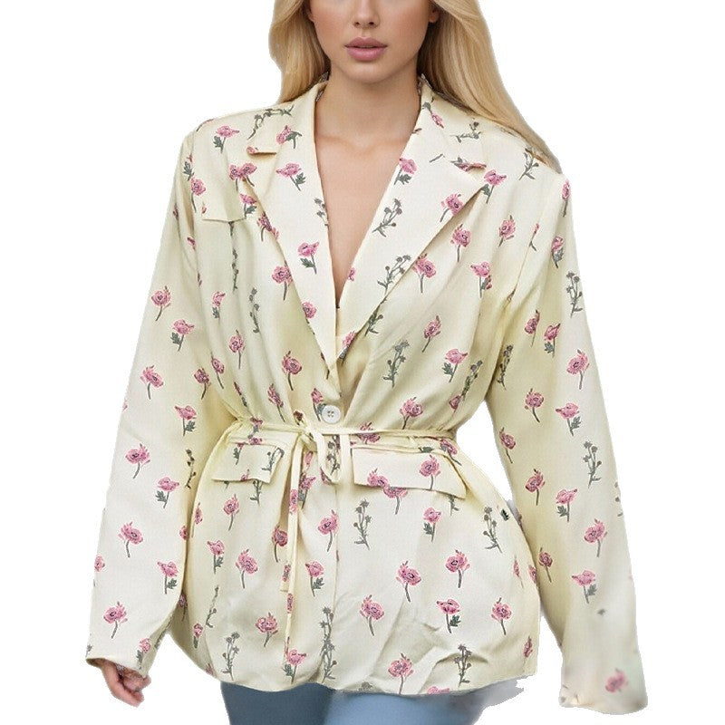 Spring 2026 new cross-border European and beautiful fashion elegant loose lace-up V-neck print long-sleeved jacket