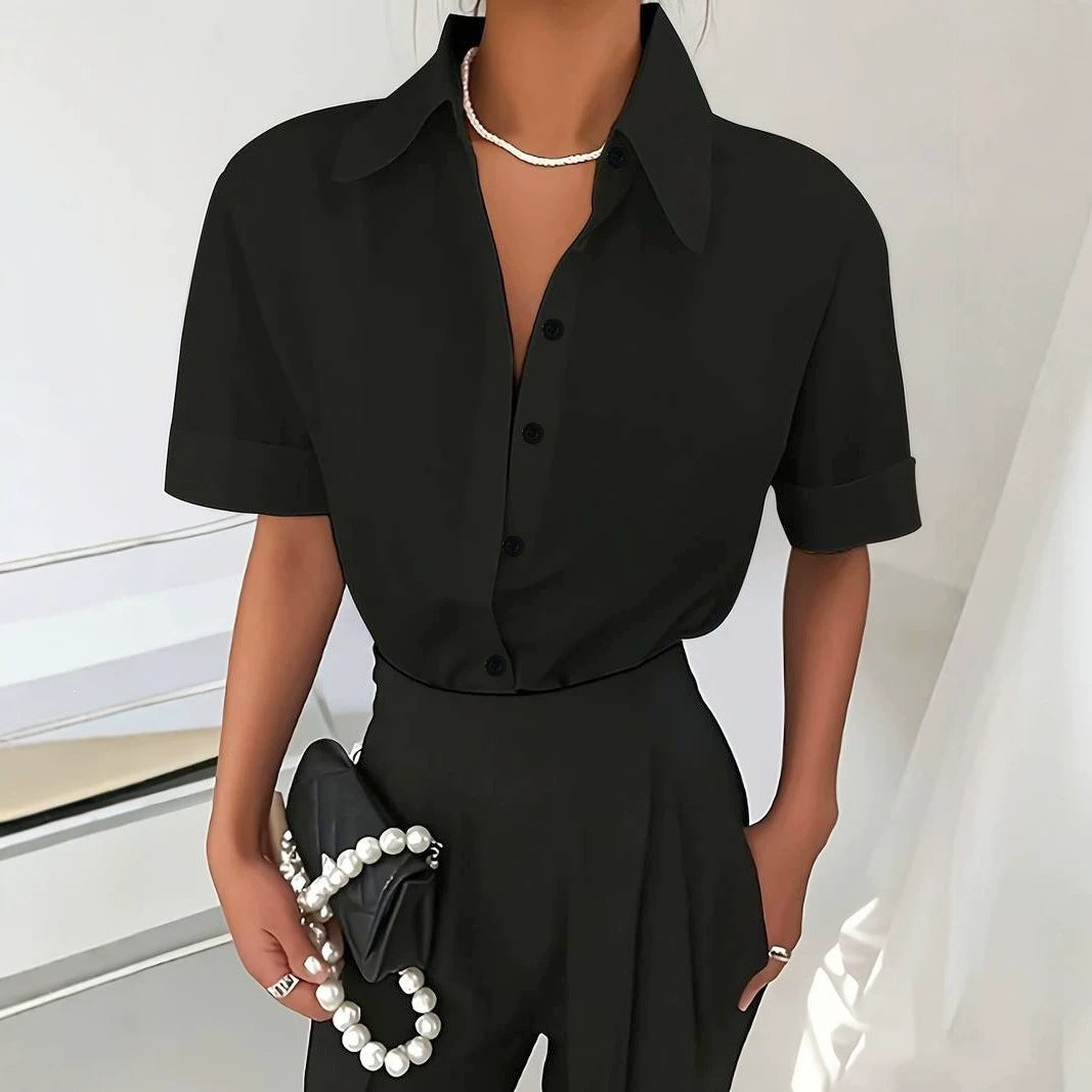 Cross-border European and American short-sleeved shirt for women, summer French-style drapey temperament, light luxury high-end short-sleeved shirt top