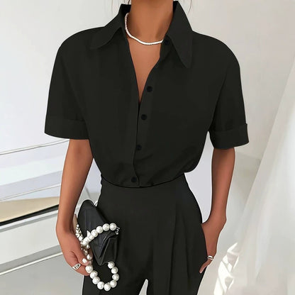 Cross-border European and American short-sleeved shirt for women, summer French-style drapey temperament, light luxury high-end short-sleeved shirt top