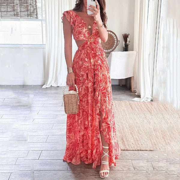 Spring 2026 new cross-border European beauty clothing elegant print deep V sexy waistless cutout dress