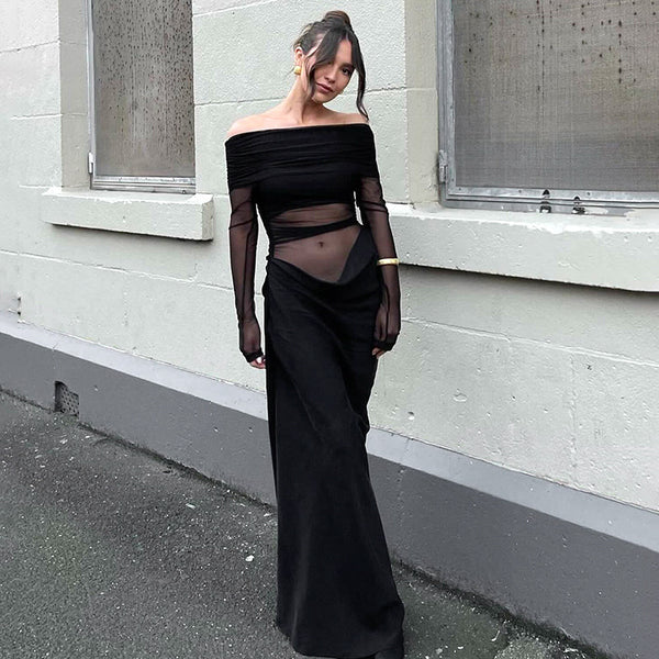 Cross-border wholesale European and American new women's solid color one-shoulder sexy see-through mesh splicing slim hip wrap dress | Ciaura