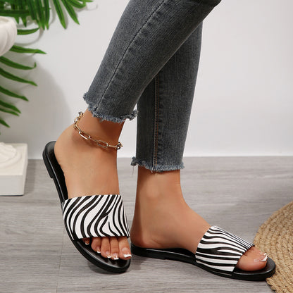 European and American cross-border women's shoes, export animal print decorative fashion slippers, elegant versatile round-toe flat sandals