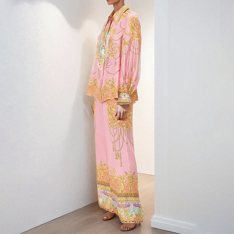 Cross-border spring 2026 Amazon European and American clothing long sleeve pink printed shirt trousers casual fashion suit women