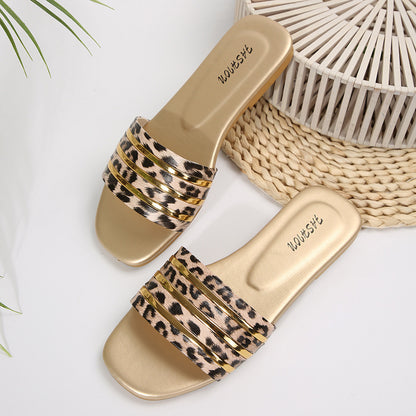 Cross-border foreign trade women's shoes, European station women's slippers, classic versatile metal decoration square-toe flat sandals, leopard print
