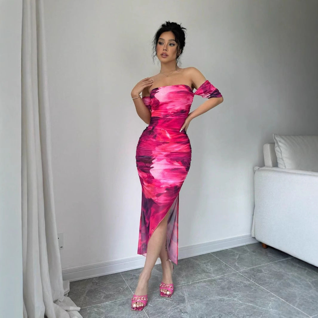 Summer 2025 European and American hip skirt dream red boat neck slit wavy side hot girl mesh dress women