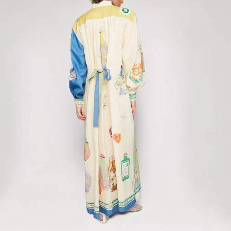 Vestido de férias europeu e americano vintage com estampado grafite, manga comprida e cintura marcada, modelo Cross-border 2025, para mulher. Ideal para férias na Europa e nos Estados Unidos.