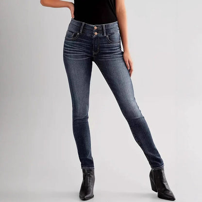 Women's jeans vintage stretch slimming small legged pants are fashionable and versatile, with double button design and dark blue denim trousers