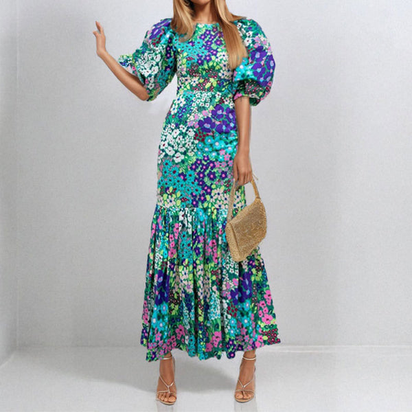 2026 new cross-border Amazon European and American fashion temperament printed slim crew neck pleated waist dress