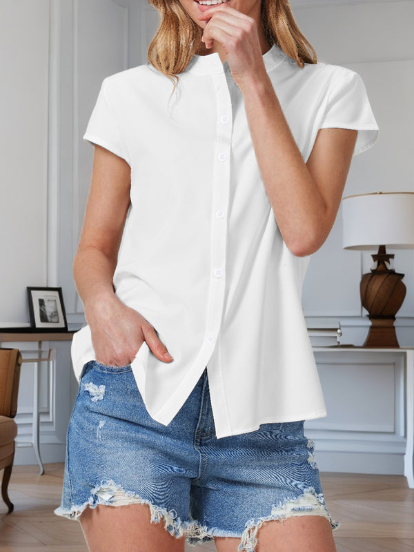 Amazon TikTok foreign trade cross-border European and American women's short-sleeve shirts, solid color shirts, casual and versatile, elegant for commuting