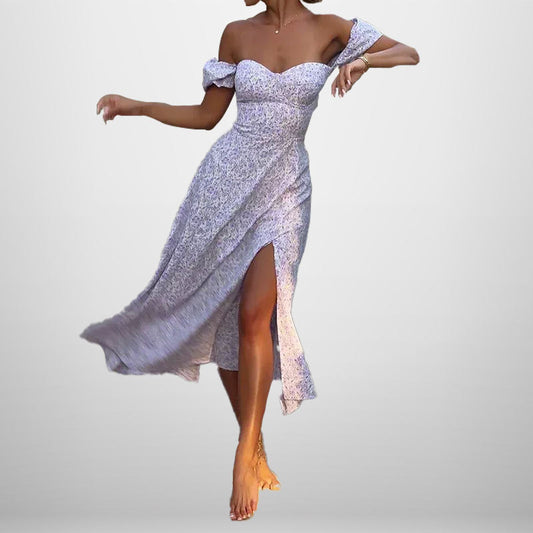 Vestido curto floral sexy com racha, modelo 2025, novidade para o verão europeu e americano, vestido de verão feminino sexy.