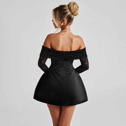 Cross-border Amazon European and American women's clothing new solid color sexy one-shoulder lace splicing slim fit dress dress for women