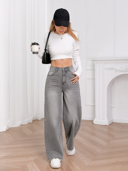 European and American foreign trade cross-border women's clothing European trend washed sky gray high-waisted wide-leg denim trousers WOMEN JEANS