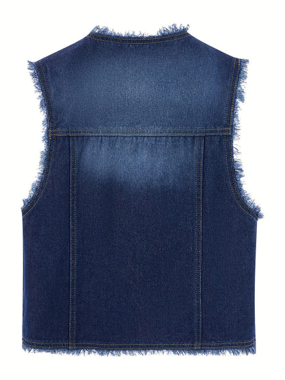 Denim Vest Women's New Elegant Fringed Raw Edge Short Sleeveless Vest Jacket Women's Top