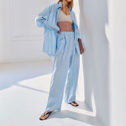 European and American clothing design casual suit spring 2025 cross-border new simple slim shirt trousers two-piece set