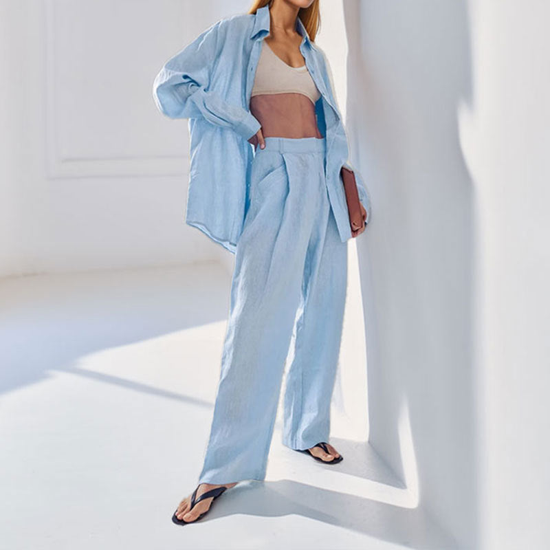 European and American clothing design casual suit spring 2025 cross-border new simple slim shirt trousers two-piece set