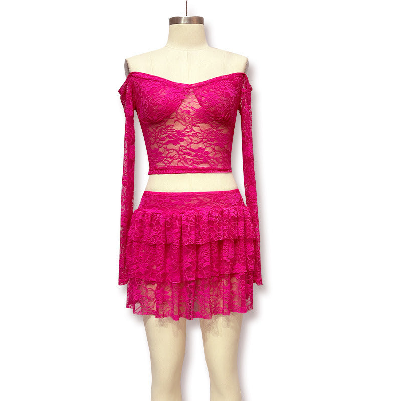 Cross-border Amazon European and American women's clothing spicy sexy bandeau crop top waist lace see-through skirt two-piece set