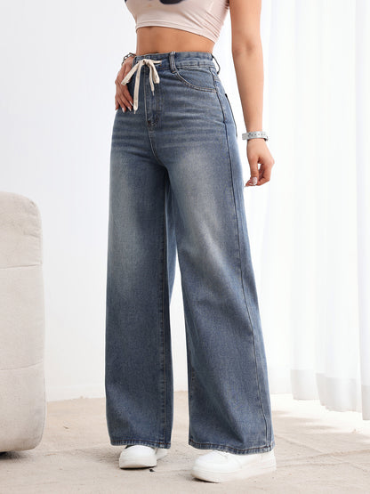 TEMU American Vintage Wide-Leg Jeans Women's Washed Drawstring High Waist Loose Drape Straight Jeans JEANS