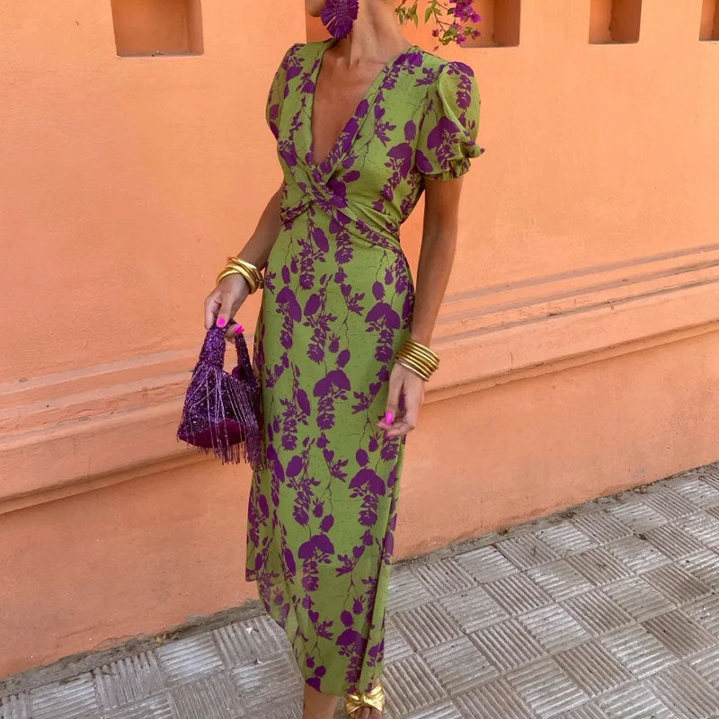 Spring 2026 Amazon European and American fashion contrast print maxi dress elegant slim V-neck short sleeve dress