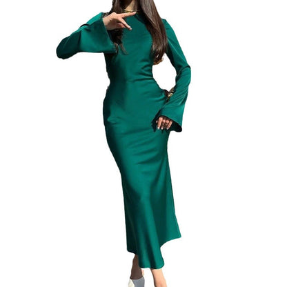 Amazon European and American foreign trade women's new French elegant solid color crew neck waist long sleeve temperament dress 661