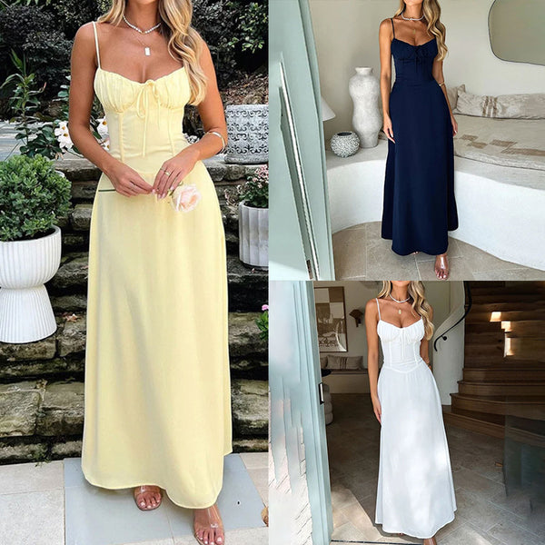 2029 cross-border European and American foreign trade women's independent station new temperament elegant lace-up A-line solid color midi dress