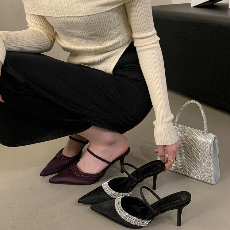 Spring 2026 rhinestone-embellished silk satin pointed heels heeled heels women's shoes wrapped toe shallow half slippers European and American style
