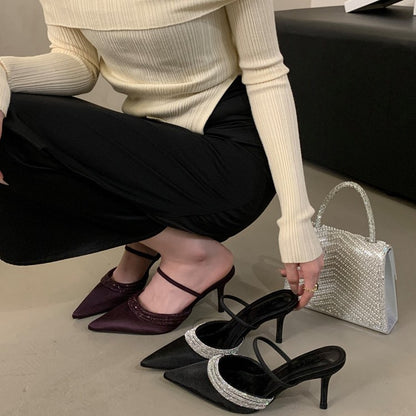 Spring 2026 rhinestone-embellished silk satin pointed heels heeled heels women's shoes wrapped toe shallow half slippers European and American style