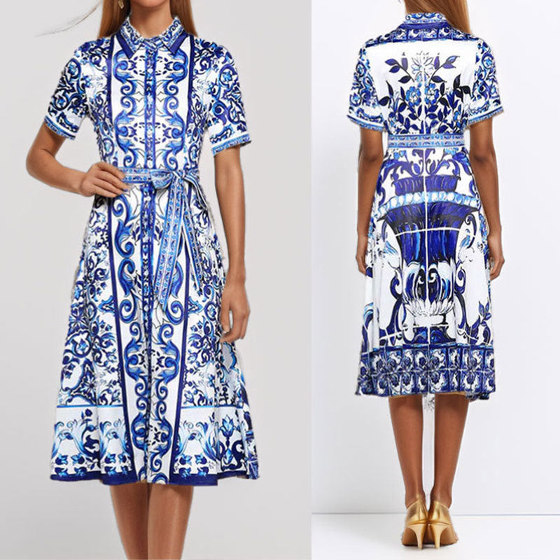 2026 Amazon European and American foreign trade women's spring new lapel long-sleeved national style print lace-up short-sleeved dress