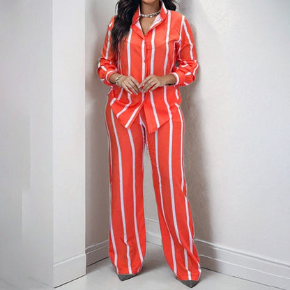 Cross-border 2026 new Amazon European and American style women's striped long-sleeved shirt trousers fashion suit women's two-piece set