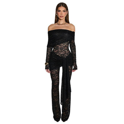 Foreign Trade AliExpress 2025 Spring and Summer New Women's Sexy Lace Splicing See-Through Slim Hip Jumpsuit for Women
