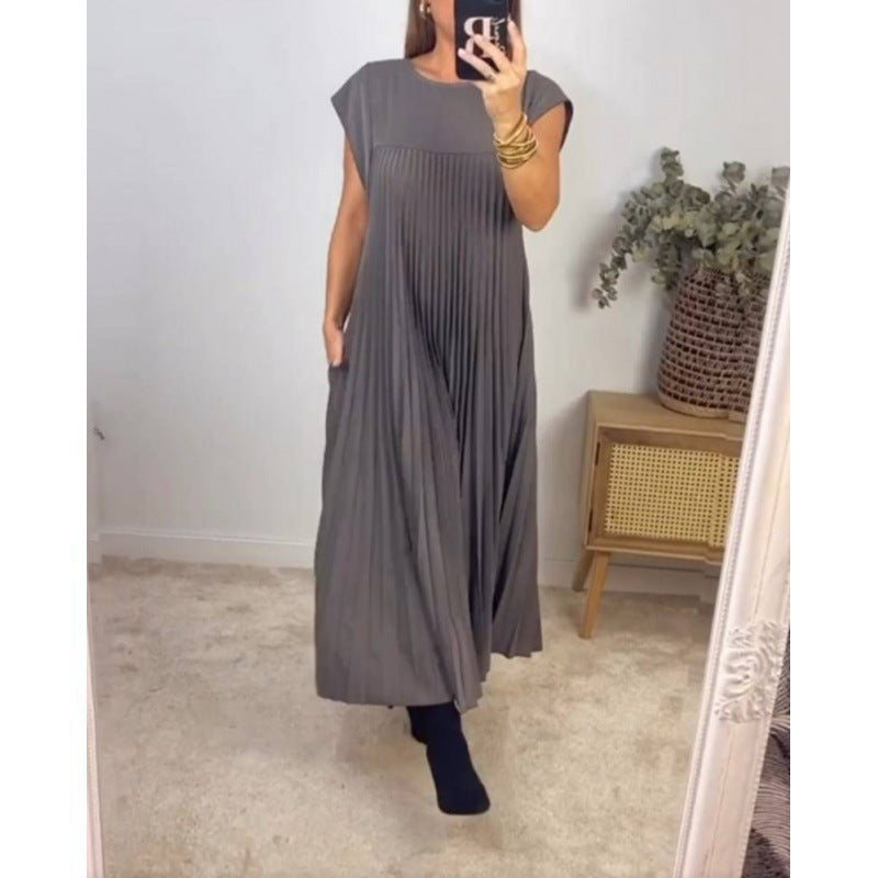 2025 New Amazon Autumn Cross-border European and American Clothing Elegant and fashionable crew neck sleeveless pleated maxi dress