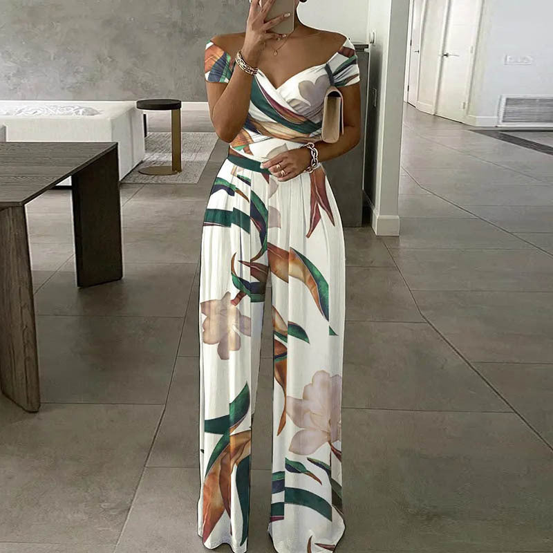 2026 New Amazon European and American Fashion Temperament Elegant Foreign Trade Commuter Print Wide-Leg Women's Jumpsuit