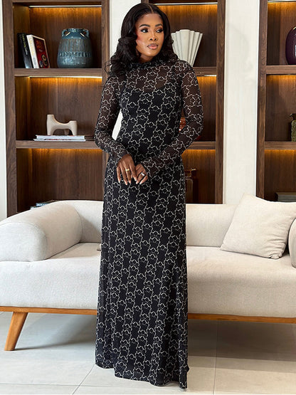 Cross-border African, European and American plus-size women's new fashion printed turtleneck long sleeves waist slim casual dress for women